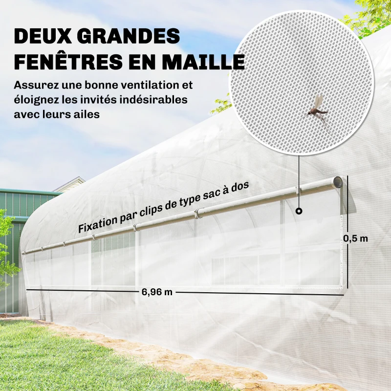 Outsunny Serre tunnel de jardin 24m², serre de jardin tunnel avec cadre en acier galvanisé, portes et 2 grandes fenêtres, blanc