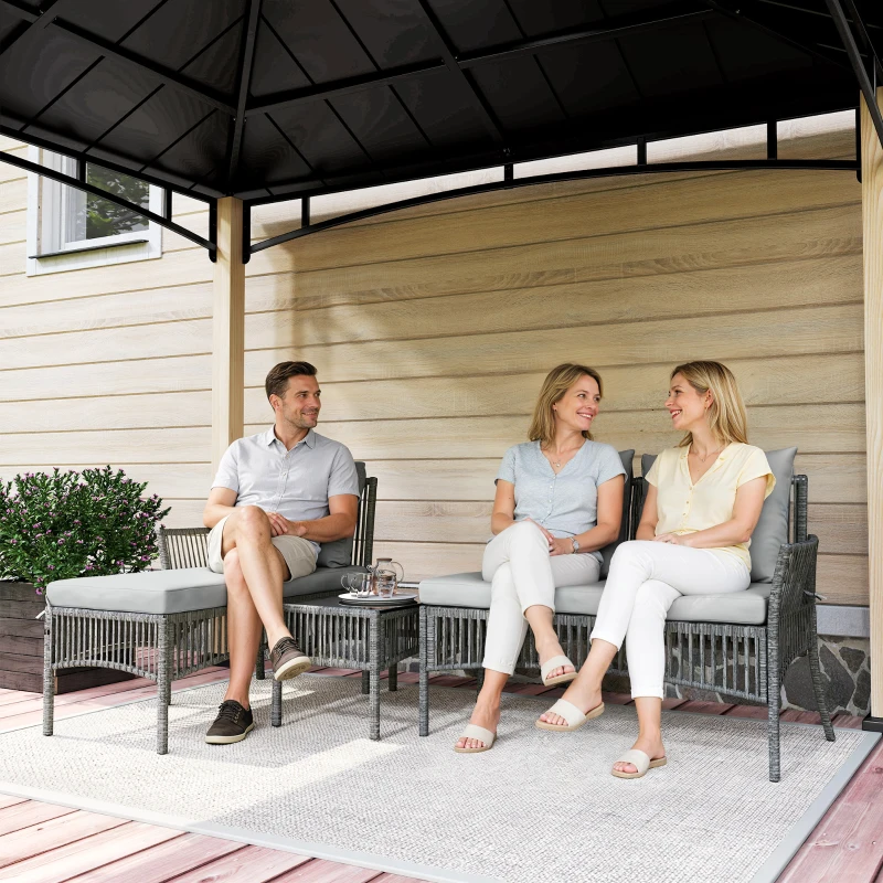 Outsunny 3 Piece Rattan Garden Furniture Corner Sofa Set with Chaise Lounge, Loveseat, Glass Coffee Table, Cushions, Dark Grey