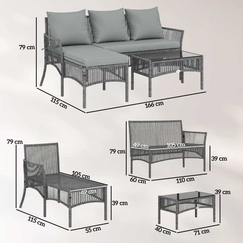 Outsunny 3 Piece Rattan Garden Furniture Corner Sofa Set with Chaise Lounge, Loveseat, Glass Coffee Table, Cushions, Dark Grey