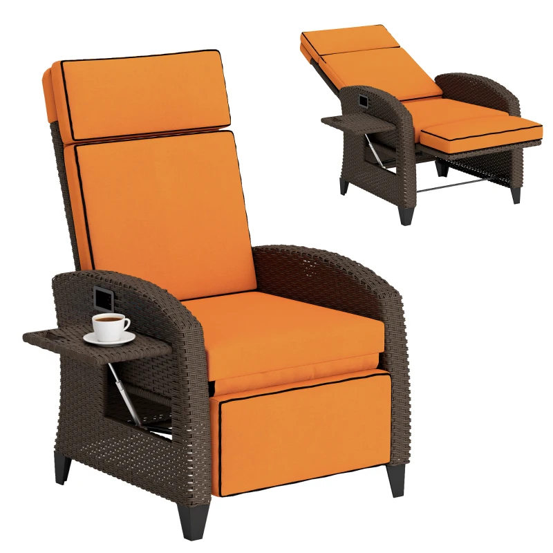 Outsunny Garden Recliner with Cushion, Outdoor Recliner Chair with Adjustable Backrest & Footrest, Side Tray, Orange