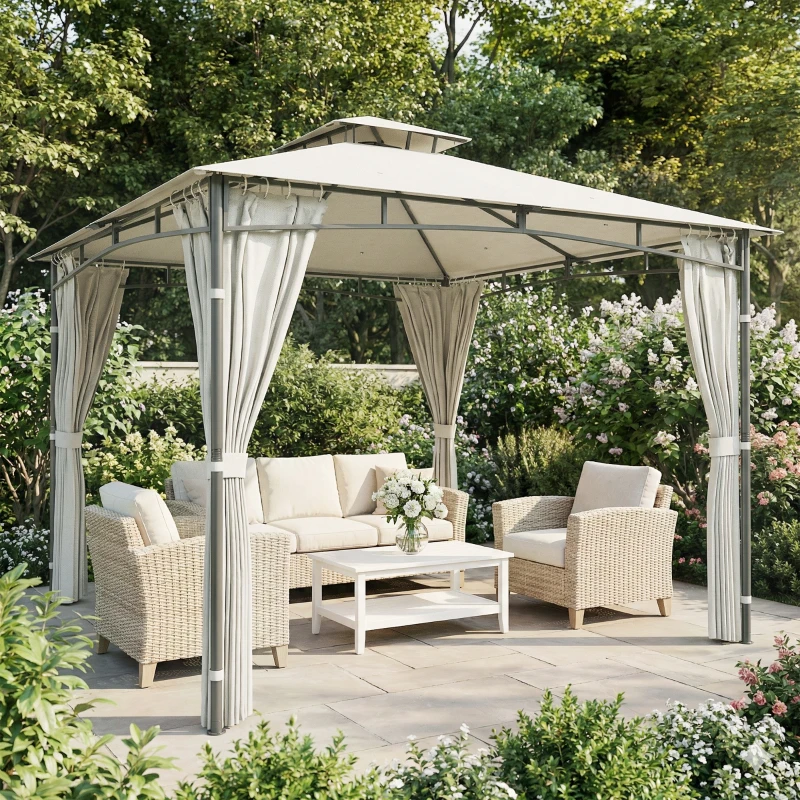 Outsunny Tenda de Jardim Exterior Estrutura de Telhado Retrátil e Telhado Duplo UV50+ Impermeável 3x3m Creme