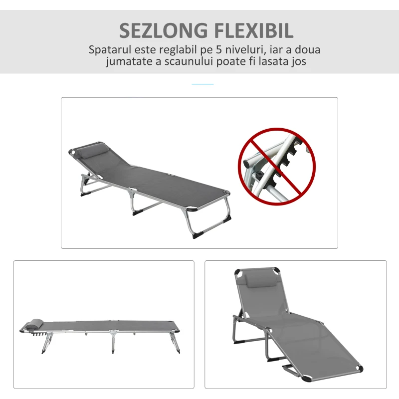 Outsunny Șezlong Pliabil cu Tetieră și Spătar Reglabil din Aluminiu 60x165x76cm Gri