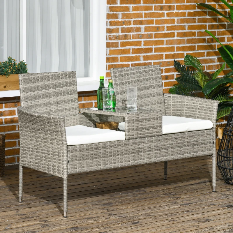 Outsunny Banco de Jardim em Resina Trançada 2 Lugares com Mesa e Almofadas 135x64x81 cm para Varanda e Terraço Preto