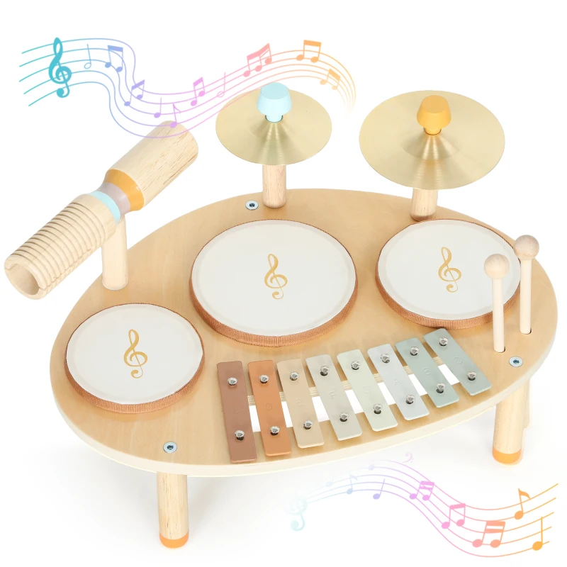 AIYAPLAY Conjunto de Instrumentos Musicais para Crianças a Partir de 2+ Anos com Tambores e Xilofone Cor Madeira