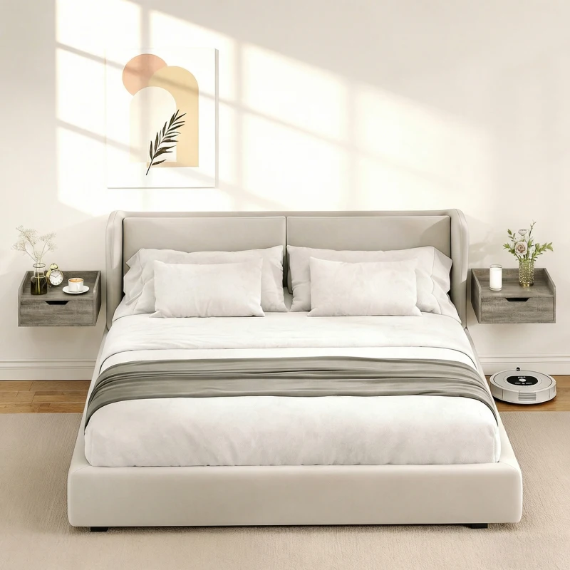 HOMCOM Conjunto de 2 mesas de cabeceira de parede, mesas de noite com gaveta e tampo com bordas elevadas, 40x30x19,5cm, cinza