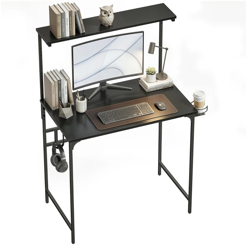 HOMCOM Computer Desk, 80cm Home Office Study Table with Hutch Shelf, Cup Holder, Headphone Hook, Black