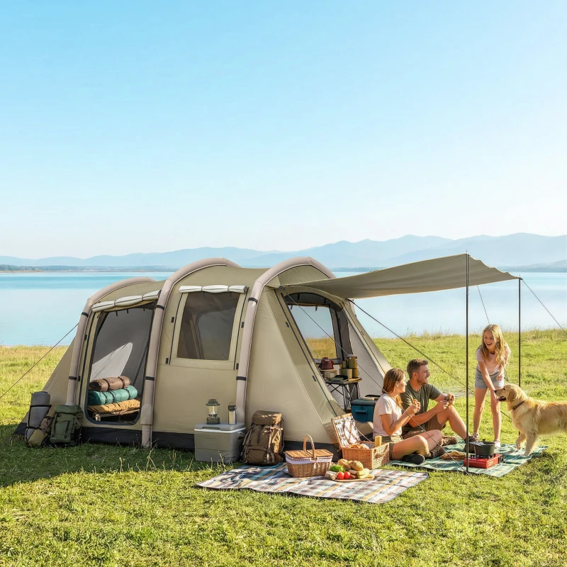 Outsunny Tenda insuflável 5-6 pessoas, montagem rápida, tenda outdoor para campismo com bomba de ar, janelas em rede, estacas, toldo