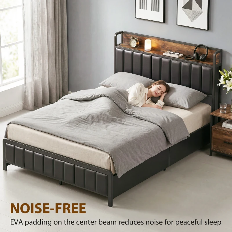 HOMCOM Estrutura de cama 140 x 190 cm com estrado de ripas metálicas, cama de casal estofada com 4 gavetas e prateleira, preto