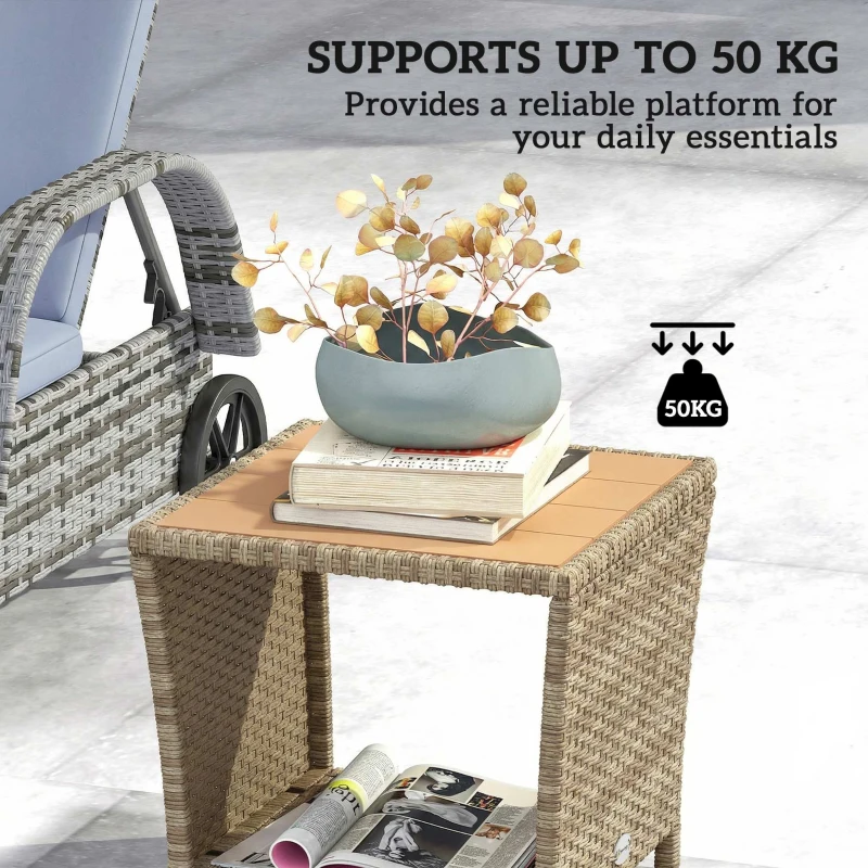 Outsunny Side Table 2-Tier Outdoor Coffee Table with Storage Shelf PS Wood Slat Top/Khaki