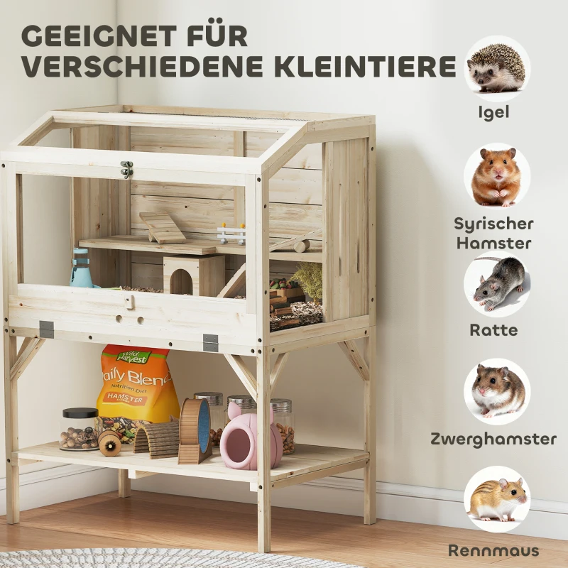 PawHut Hamsterkäfig, 2 Ebenen, Kleintierkäfig mit Aufbewahrungsfach, Zubehör, 84 x 53 x 110 cm, Naturholz