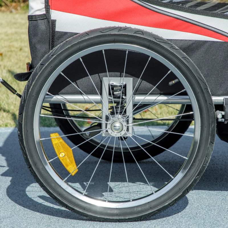 HOMCOM Reboque de bicicleta infantil 2 em 1 carrinho de bebé para bicicleta 2 lugares com arnês de segurança de 5 pontos, refletores, bandeira, vermelho