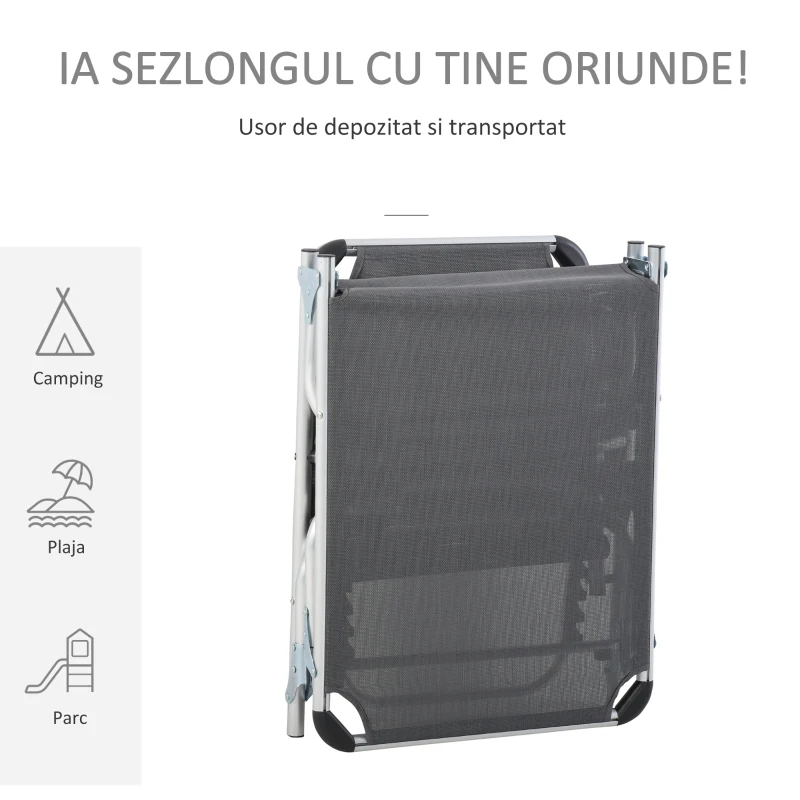 Outsunny Șezlong Pliabil cu Tetieră și Spătar Reglabil din Aluminiu 60x165x76cm Gri