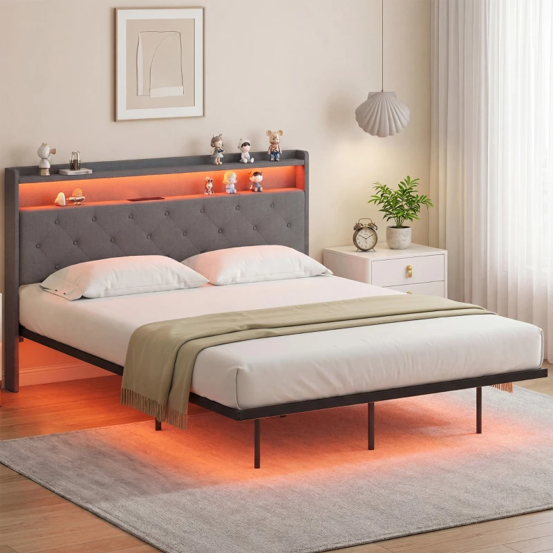 HOMCOM Estrutura de cama 160 x 200 cm com base em aço, cama de casal flutuante com luzes LED RGB e estação de carregamento, cinza