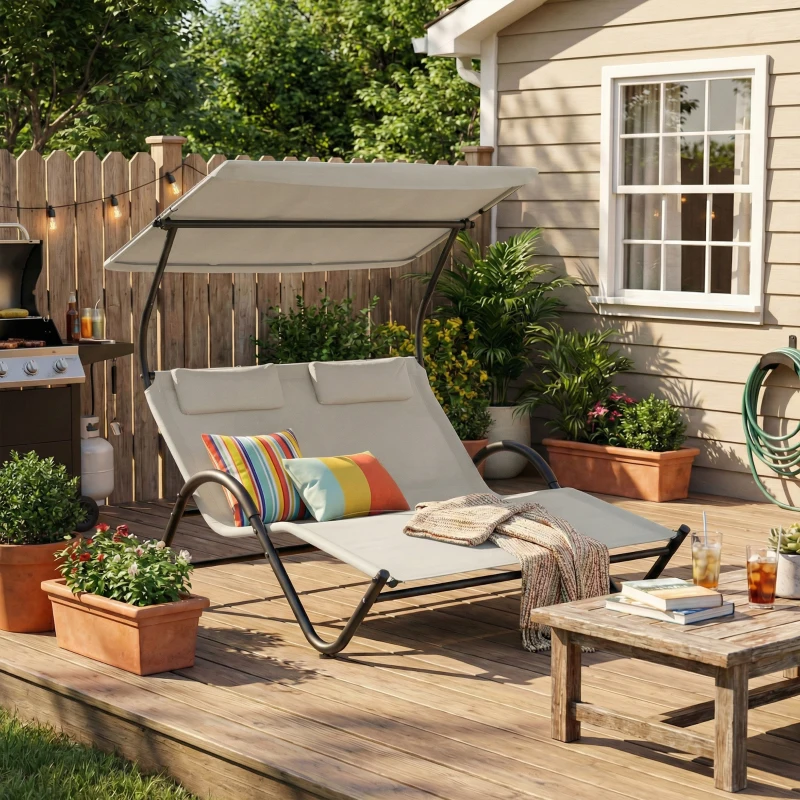 Outsunny Espreguiçadeira de Sol com Toldo Almofada e Rodízios em Aço e Poliéster Creme