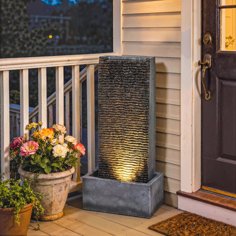 Outsunny Fonte 2 níveis para jardim com iluminação LED, bomba, efeito granito 37,5 x 22 x 80 cm