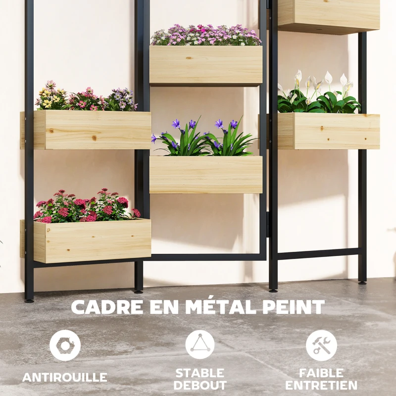 Outsunny Separador de Ambientes com 6 Vasos Biombo Exterior Dobrável de 3 Painéis com Orifício de Drenagem e Forro Madeira Natural