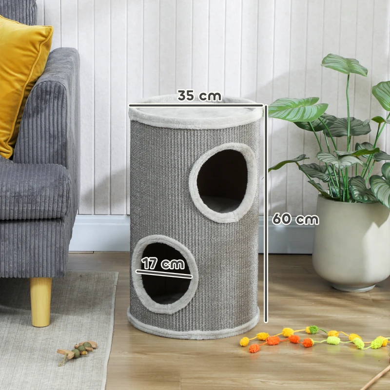 PawHut Torre de Arranhar, 60 cm de Altura Ø 35 cm torre de dois andares com 2 tocas, borda de pelúcia, para 1-2 gatos até 5 kg, Cinza claro