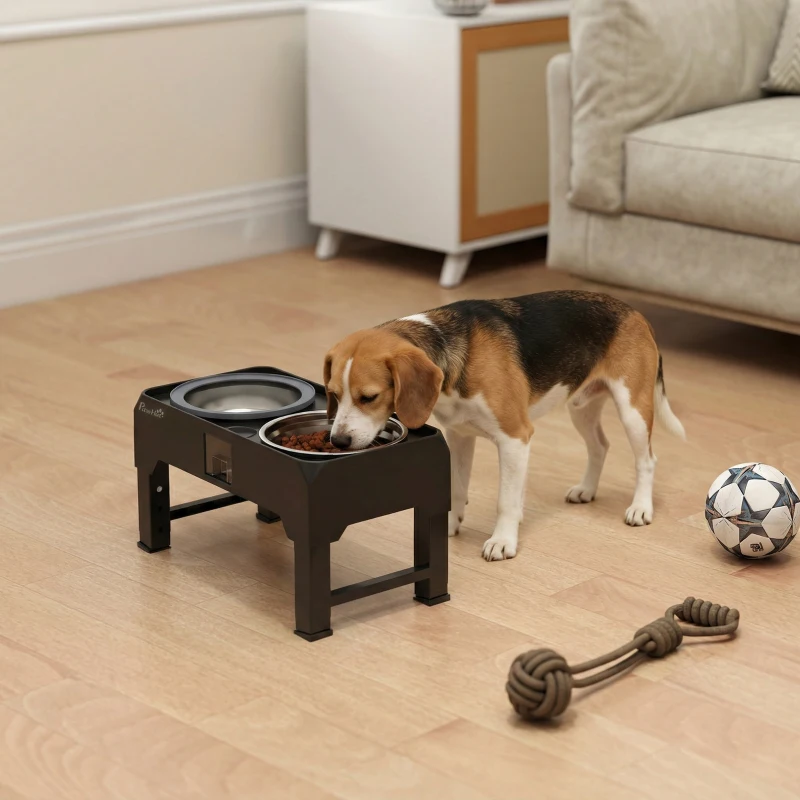 PawHut Comedouro Elevado Altura Ajustável Tigela de Água 2 Tigelas de Aço Inoxidável para cães do pequeno ao grande Preto