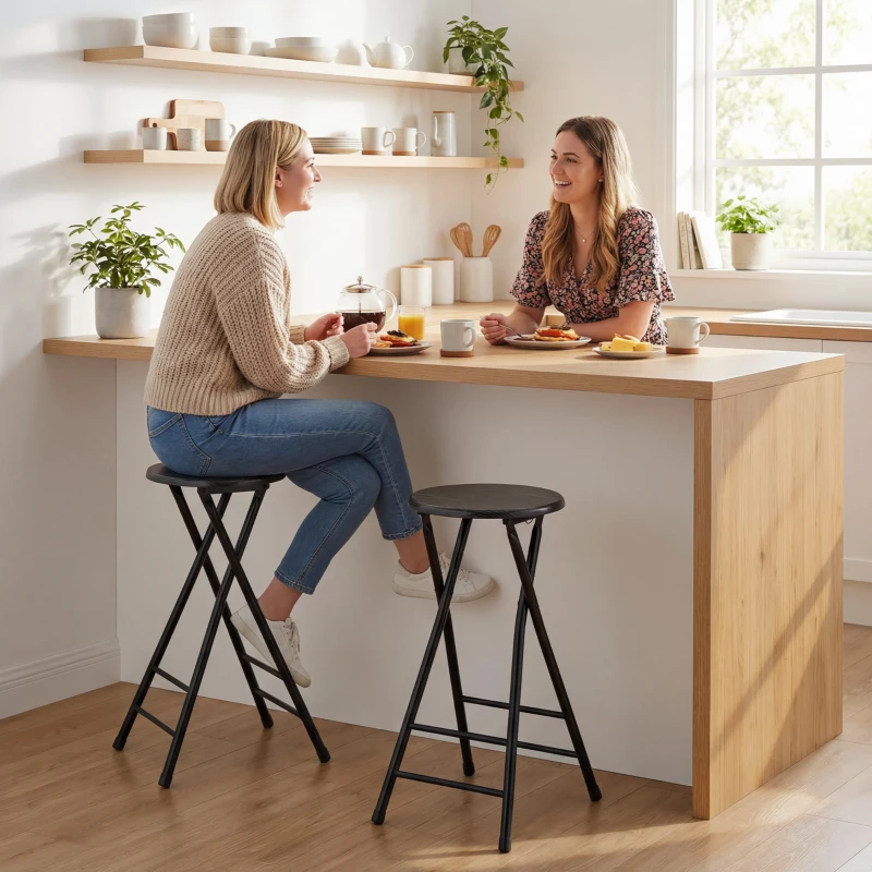 HOMCOM Conjunto 4 Banquetas de Bar Dobráveis com Apoio Duplo para os Pés, em Madeira e Aço, 34x30x70 cm, Preto