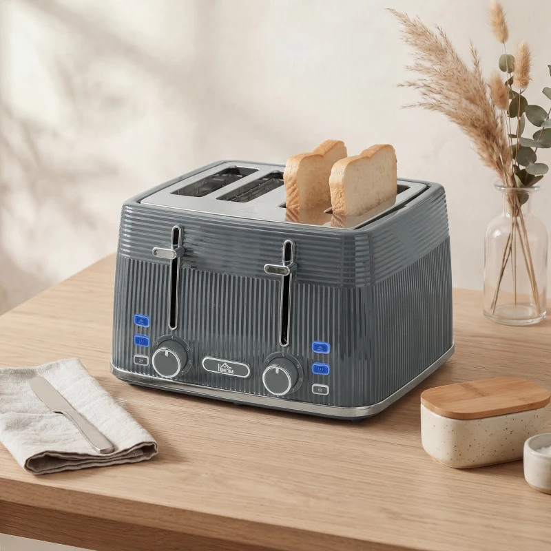 HOMCOM 4 Slice Toaster with 7 Browning Levels, Bread Toaster with Removable Crumb Tray and Warming Racks, Grey