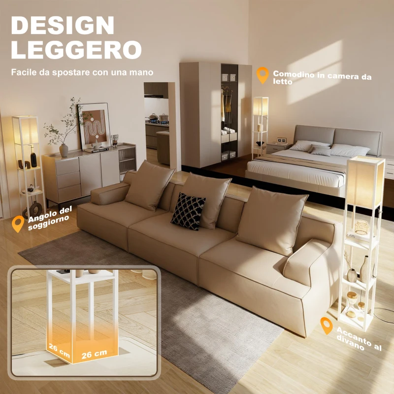 HOMCOM Lâmpada de Pé com Prateleiras, Luz Ajustável, Interruptor de Pedal e Portas USB, Branco