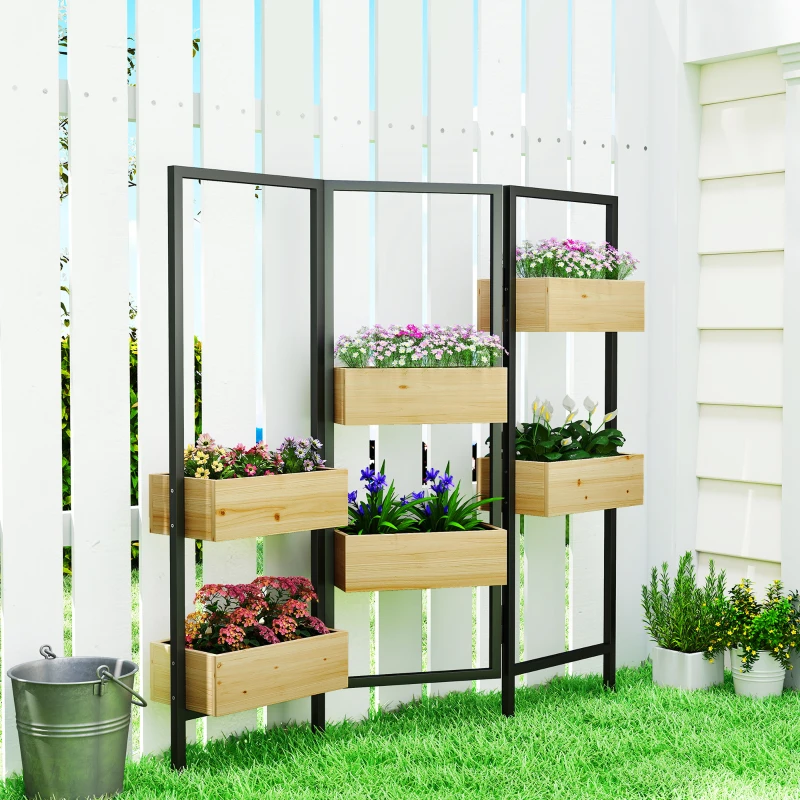 Outsunny Separador de Ambientes com 6 Vasos Biombo Exterior Dobrável de 3 Painéis com Orifício de Drenagem e Forro Madeira Natural