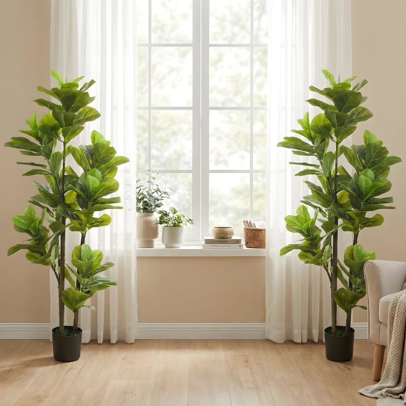 HOMCOM Conjunto de 2 plantas artificiais de interior 150 cm, planta artificial Ficus lyrata com vaso de cimento, verde