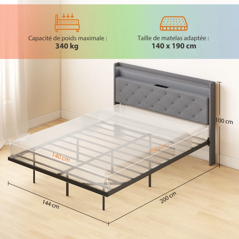 HOMCOM Estrutura de cama 140 x 190 cm com estrado em aço, cama de casal flutuante com luzes LED RGB e estação de carregamento, cinza