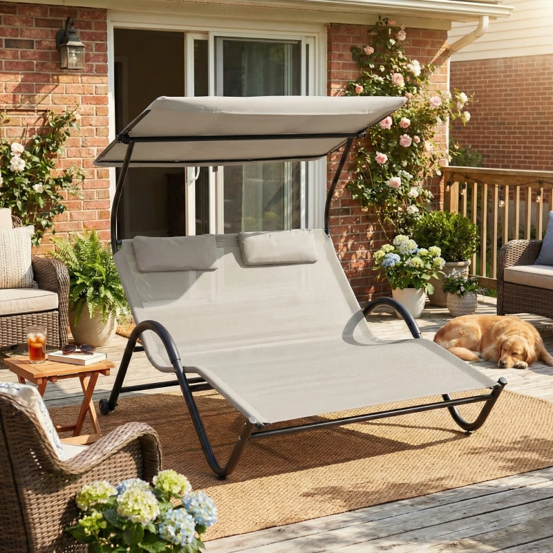 Outsunny Espreguiçadeira de Sol com Toldo Almofada e Rodízios em Aço e Poliéster Creme