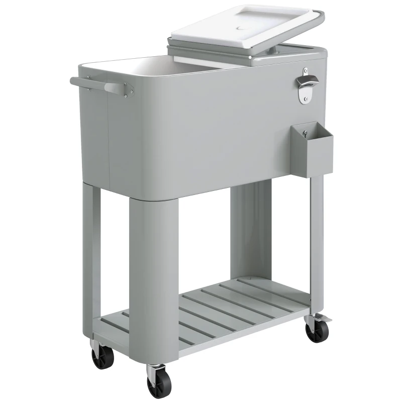 Outsunny Glacière portable 76 L avec roues, étagère et ouvre-bouteille, en plastique, métal et acier, 92x39x81 cm, Argent