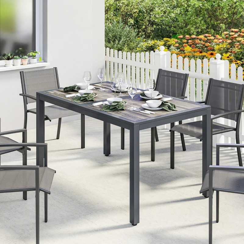 Outsunny Mesa de jardim para 4 a 6 pessoas, mesa de jantar exterior com tampo efeito madeira, 140 x 80 x 72 cm, cinza escuro