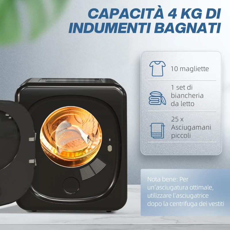 HOMCOM Asciugatrice ad Aria Carico 4kg con Timer e Programma Smart, in Acciaio Inox e ABS, 48x40x56 cm, Nero