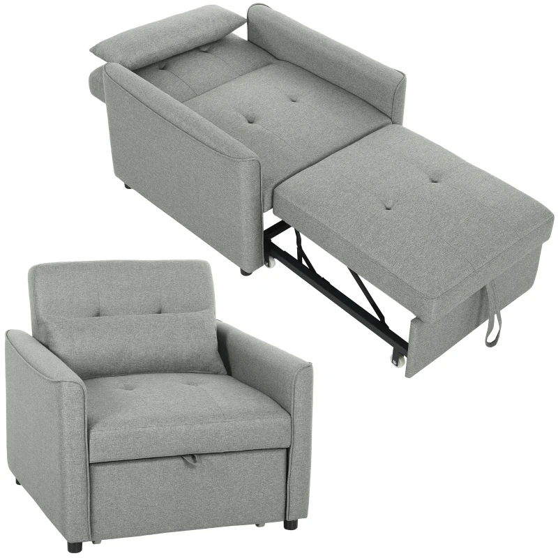 HOMCOM Poltrona-cama 3 em 1, Poltrona Sofá-cama Rebatível com Encosto Reclinável, Cinza