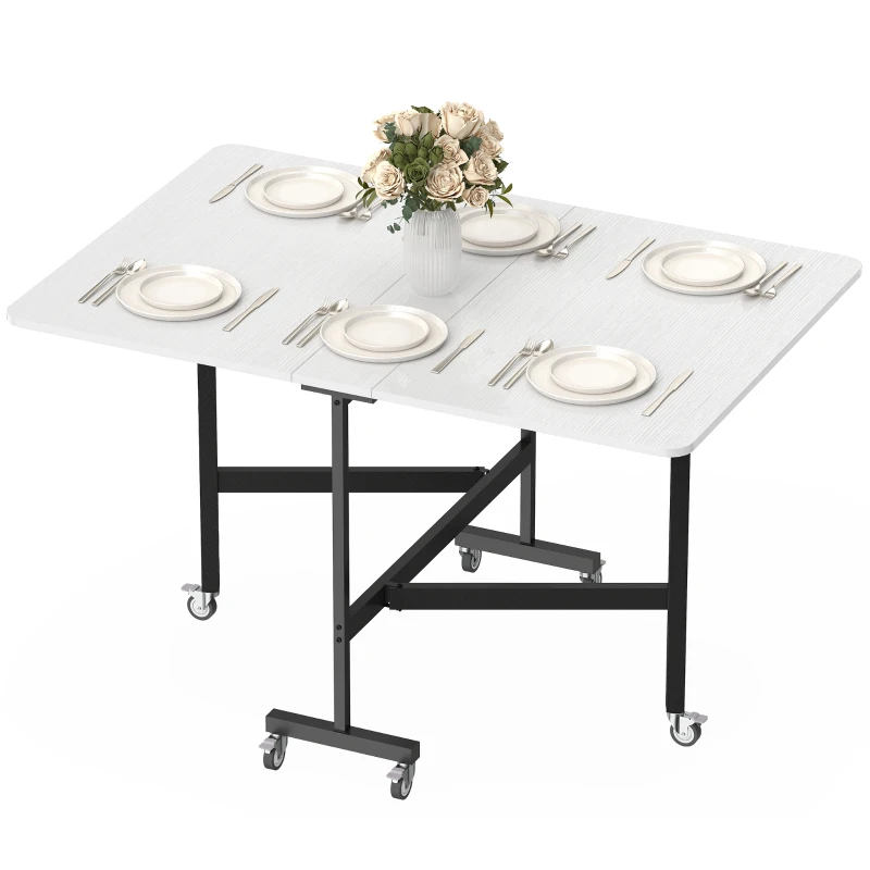 HOMCOM Mesa dobrável móvel com 6 rodízios e travões, mesa de cozinha dobrável para espaços pequenos, branco