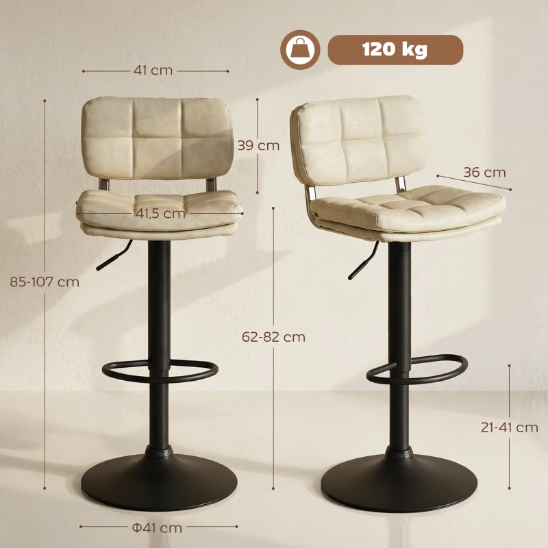 HOMCOM Conjunto de 2 banquetas de bar vintage capitonê - giratórias, reguláveis - apoio para os pés - revestimento sintético creme