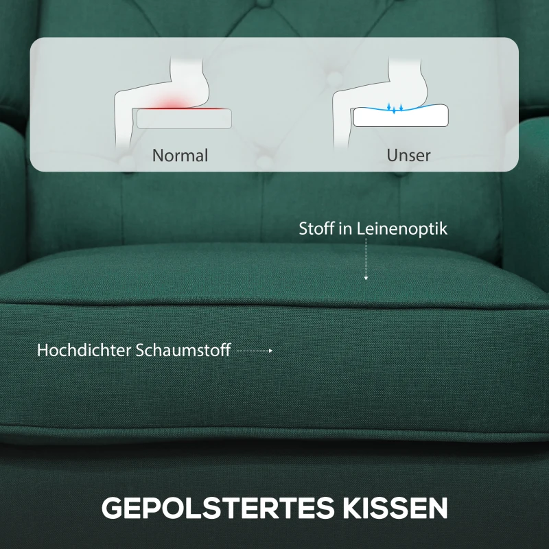 HOMCOM Poltrona de orelhas elegante, espessamente acolchoada, capa removível, 74 x 86 x 102 cm, Verde escuro