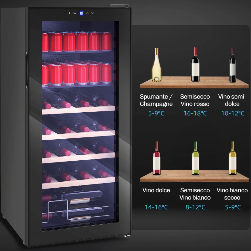 HOMCOM Frigorífico para Vinho 92 L com Prateleiras Ajustáveis para 20 Garrafas e 50 Latas 43x45x94 cm Preto