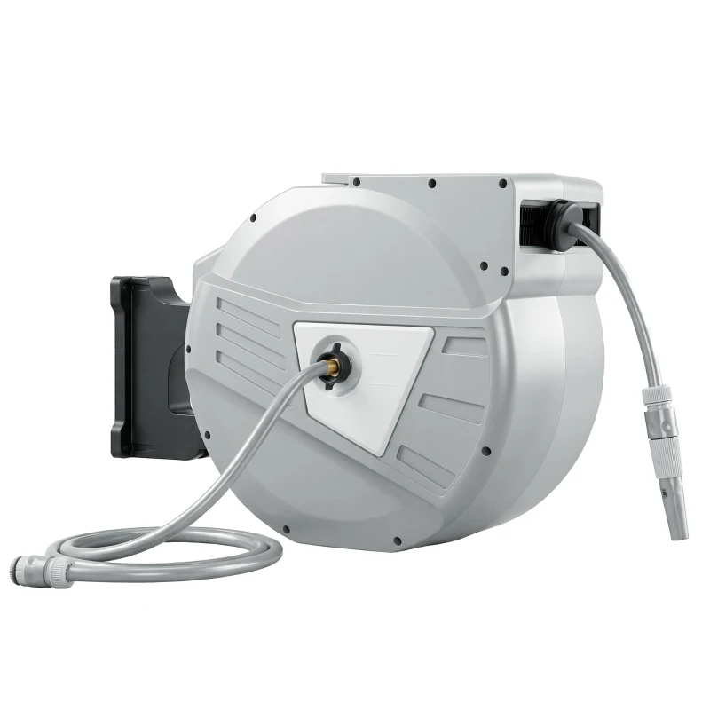 Outsunny Enrolador de Mangueira de Parede 40+2 m x Ø 15mm, Enrolador de Mangueiras de Água Retrátil Automático Pivotante a 180°, Cinzento