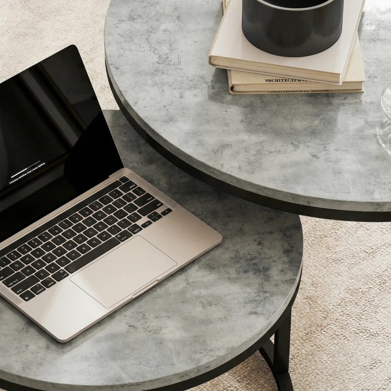 HOMCOM Conjunto moderno de 2 mesas de café, mesas laterais empilháveis com estrutura metálica para sala de estar, quarto, escritório, Cinza