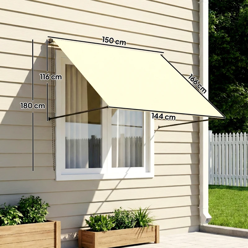 Outsunny Toldo Retrátil Manual Inclinação Ajustável 150x116 cm Proteção UV Alumínio Poliéster Creme