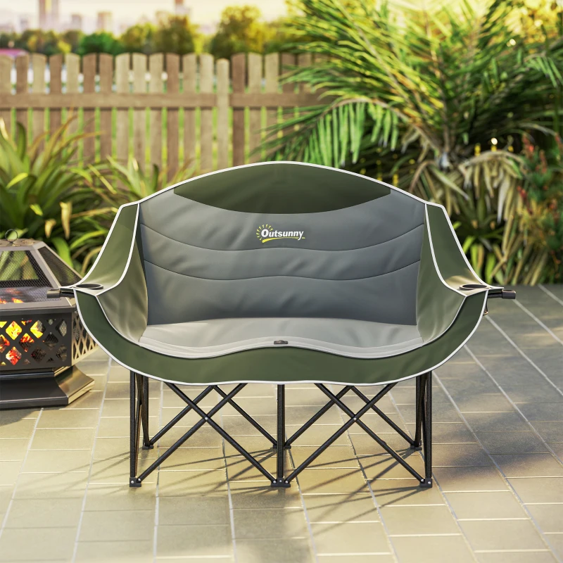 Outsunny Cadeira dobrável 2 lugares para camping com porta-copos, bolsa de transporte, suporta até 250 kg, Verde