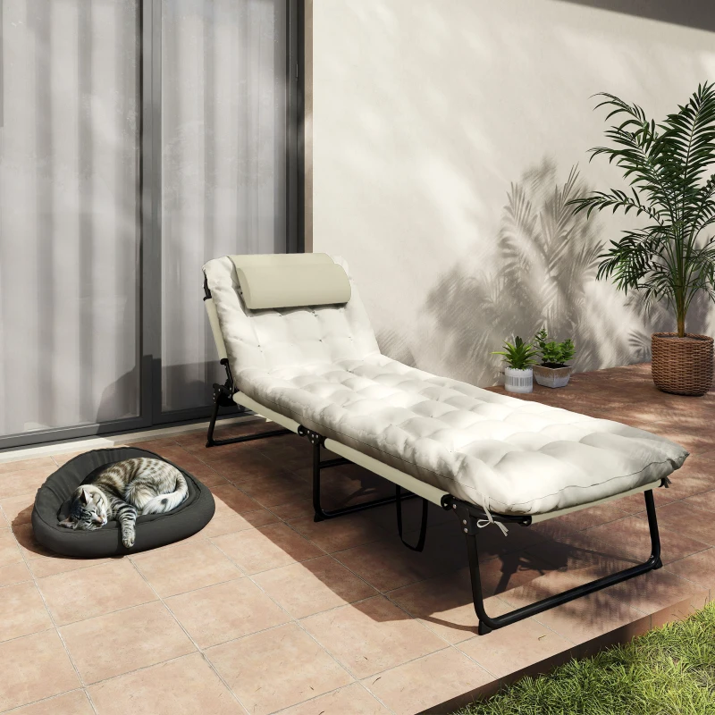 Outsunny Espreguiçadeira Dobrável com Encosto Reclinável 4 Posições Apoio de Cabeça e Colchão Espesso Bege