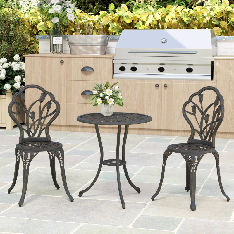 Outsunny Conjunto Exterior 3 peças com 2 Cadeiras de Jardim e Mesa Redonda com Furo para Guarda-sol Bronze