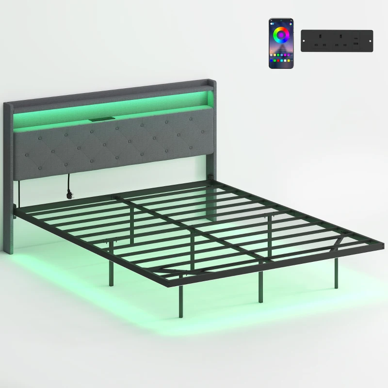 HOMCOM Estrutura de cama 160 x 200 cm com base em aço, cama de casal flutuante com luzes LED RGB e estação de carregamento, cinza