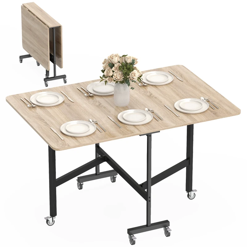 HOMCOM Mesa Dobrável para 4-6 Pessoas com 2 Abas e Rodas com Travão, 120x80x73 cm, Carvalho