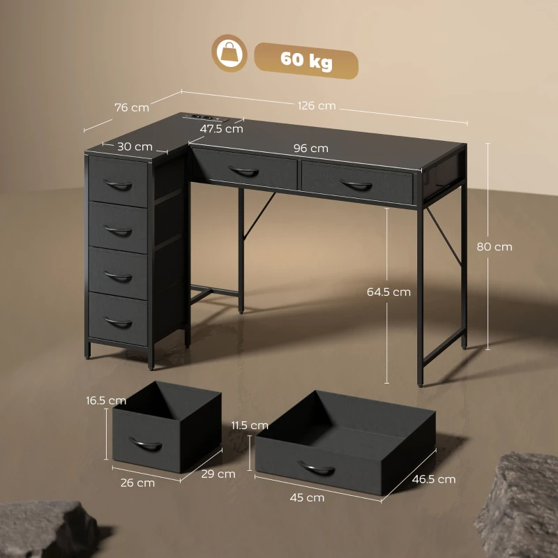 HOMCOM Escrivaninha de Canto com 6 Gavetas, Gancho Lateral e Tomadas Integradas, em Madeira e Aço, 126x48x80 cm, Preto