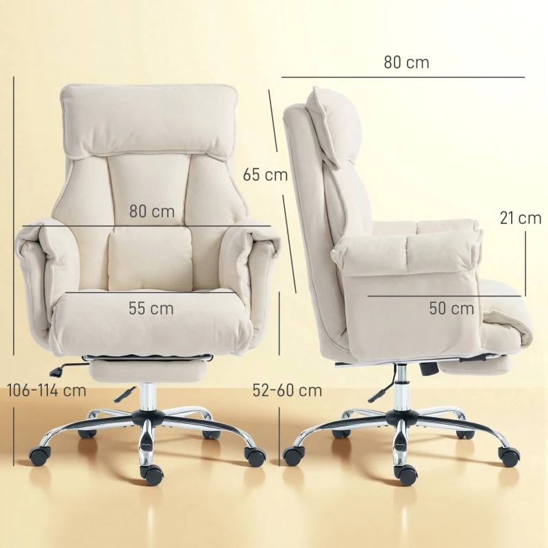 HOMCOM Cadeira de escritório cadeira giratória regulável em altura com apoio lombar, apoio para os pés, flanela Snow, 80 x 80 x 106-114 cm Creme branco