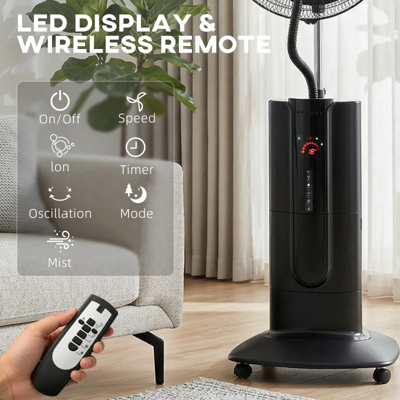 HOMCOM Ventilador de Pie 3 en 1 Oscilante con Nebulizador de Agua, Control Remoto y Temporizador 9h, 45x38x130 cm, Negro