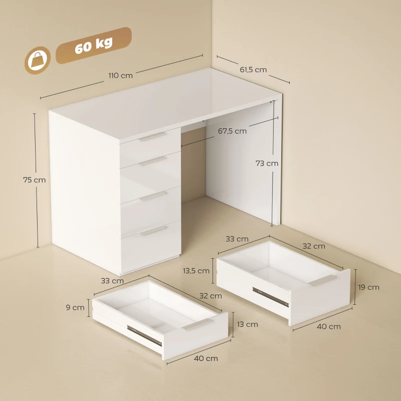 HOMCOM Escrivaninha Compacta Mesa de Computador 4 Gavetas 110x61.5x75 cm Branco