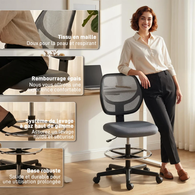Vinsetto Silla de oficina ergonómica, sillón de oficina con reposapiés, silla de dibujo en malla, altura regulable, gris oscuro